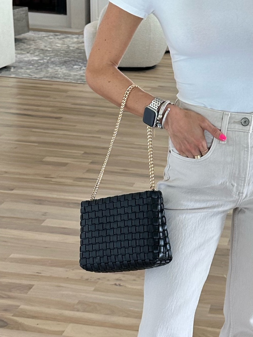 Woven Mini Shoulder Bag in Black with Gold Chain - Picture 1 of 4